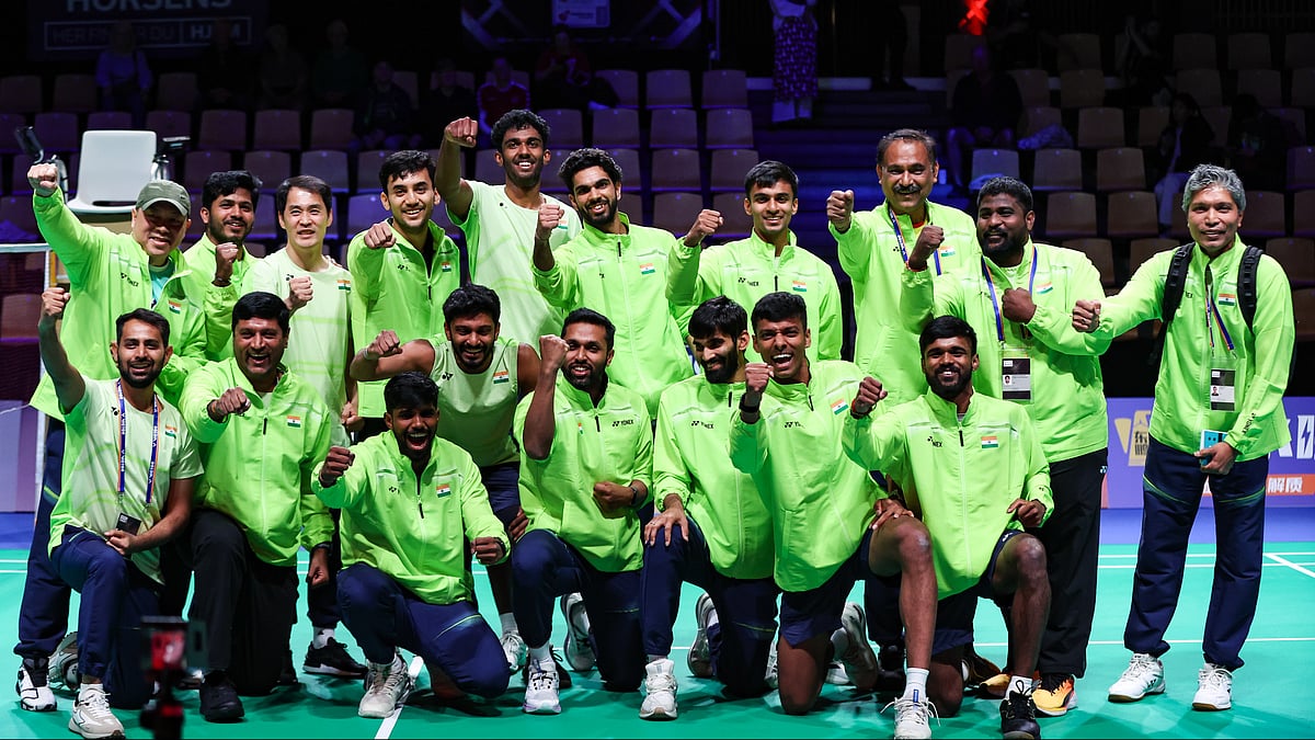 Badminton Photo via BAI : Team India celebrating their semi-finals entry at BWF Thomas Cup 2026.