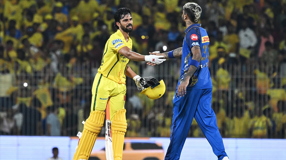 Chennai Super Kings' captain Ruturaj Gaikwad, left, is congratulated by Mumbai Indians' captain Hardik Pandya after Chennai Super Kings won the Indian Premier League cricket match between against Mumbai Indians in Chennai, India, Saturday, May 2, 2026.  - | Photo: AP