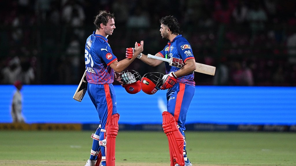 Delhi Capitals' Tristan Stubbs with batting partner Ashutosh Sharm celebrate after wining against Rajasthan Royals during the Indian Premier League cricket match in Jaipur, India, Friday, May, 1, 2026.  - AP Photo