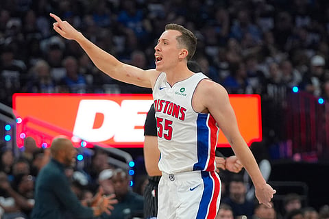 Detroit Pistons forward Duncan Robinson celebrates a 3-point shot against the Orlando Magic during the second half in Game 6 of a first-round NBA basketball playoffs series in Orlando, Fla.