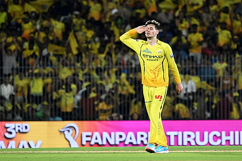 Chennai Super Kings' Noor Ahmad celebrates the wicket of Mumbai Indians' Tilak Varma during the Indian Premier League cricket match between Chennai Super Kings and Mumbai Indians in Chennai, India.