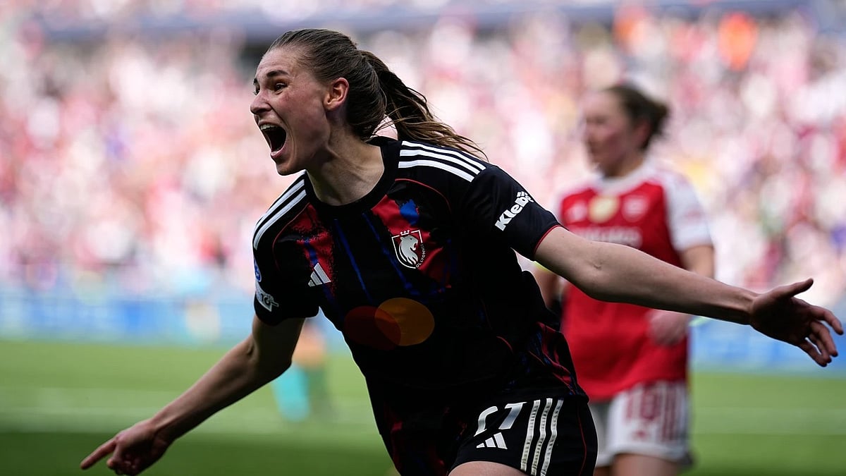 Forward Jule Brand celebrates her late goal against Arsenal in the UWCL semi-final second-leg. - AP