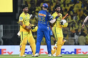 | Photo: AP : Chennai Super Kings' captain Ruturaj Gaikwad, right, is congratulated by Mumbai Indians' Suryakumar Yadav after Chennai Super Kings won the Indian Premier League cricket match between against Mumbai Indians in Chennai, India.
