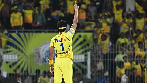 Chennai Super Kings' Ramakrishna Ghosh celebrates the wicket of Mumbai Indians' Suryakumar Yadav during the Indian Premier League cricket match between Chennai Super Kings and Mumbai Indians in Chennai, India, Saturday, May 2, 2026.