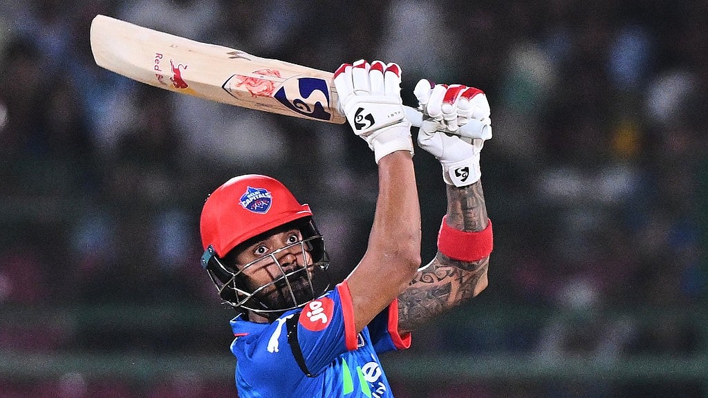 Delhi Capitals' KL Rahul plays a shot during the Indian Premier League cricket match between Delhi Capitals and Rajasthan Royals in Jaipur, India, Friday,May, 1, 2026. - AP Photo