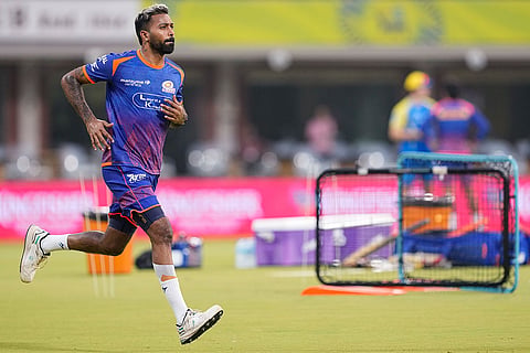 Mumbai Indians' Hardik Pandya during a training session ahead of an Indian Premier League (IPL) 2026 T20 cricket match between Chennai Super Kings and Mumbai Indians, in Chennai, Tamil Nadu.