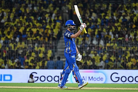 Mumbai Indians' Naman Dhir celebrates his fifty runs during the Indian Premier League cricket match between Chennai Super Kings and Mumbai Indians in Chennai, India.