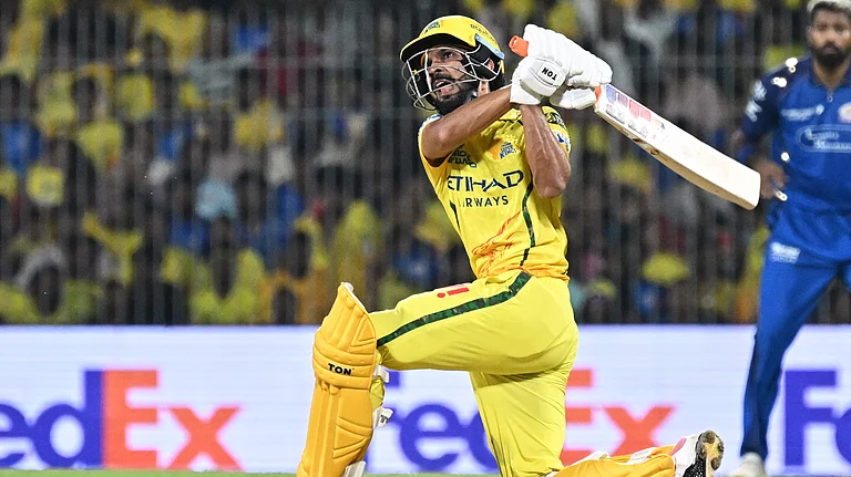 Chennai Super Kings' captain Ruturaj Gaikwad plays a shot during the Indian Premier League cricket match between Chennai Super Kings and Mumbai Indians in Chennai. - AP Photo