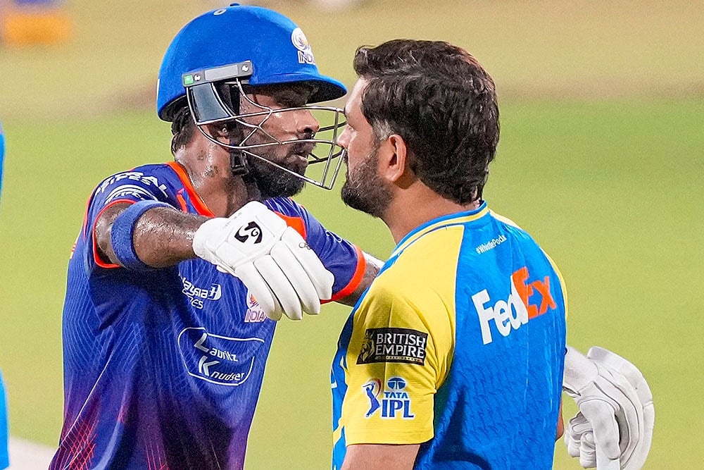 | Photo: PTI/R Senthilkumar : Mumbai Indians' captain Hardik Pandya, left, with Chennai Super Kings' MS Dhoni during a training session ahead of an Indian Premier League (IPL) 2026 T20 cricket match between Chennai Super Kings and Mumbai Indians, in Chennai, Tamil Nadu.