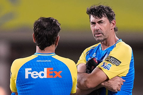 Chennai Super Kings' head coach Stephen Fleming, right, and MS Dhoni during a training session ahead of an Indian Premier League (IPL) 2026 T20 cricket match between Chennai Super Kings and Mumbai Indians, in Chennai, Tamil Nadu.