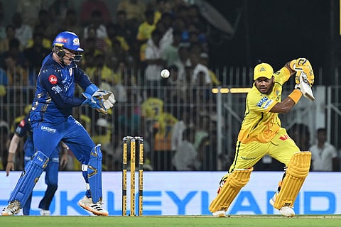 Chennai Super Kings' Kartik Sharma plays a shot during the Indian Premier League cricket match between Chennai Super Kings and Mumbai Indians in Chennai, India.
