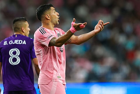 Inter Miami forward Luis Suárez (9) reacts to a missed chance in the second half during an MLS soccer match against the Orlando City, in Miami.