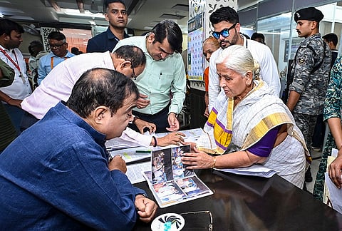 Union Minister Nitin Gadkari hears grievances and interacts with citizens during a public relations programme at his office, in Nagpur, Maharashtra.