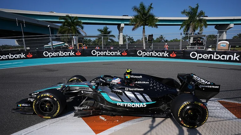 Mercedes driver Andrea Kimi Antonelli of Italy steers his car during qualifying session for the sprint race ahead of the Miami Formula One Grand Prix, Friday, May 1, 2026, in Miami Gardens, Fla. - AP Photo/Rebecca Blackwell