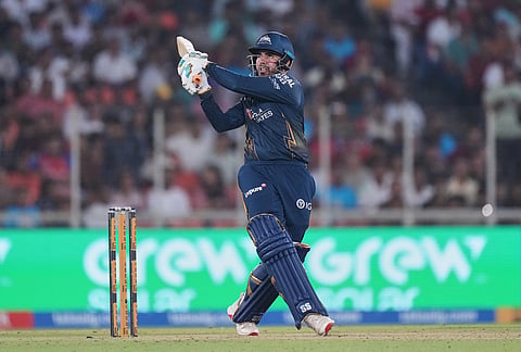 Gujarat Titans' Nishant Sindhu hits a six during the Indian Premier League cricket match between Gujarat Titans and Punjab Kings in Ahmedabad.