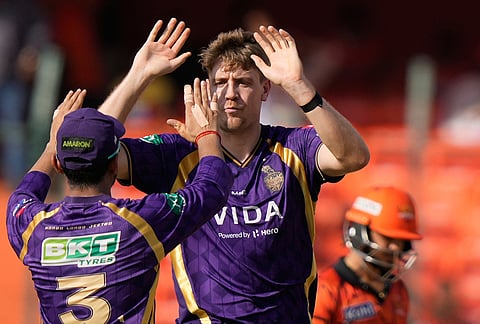 Kolkata Knight Riders' Anukul Roy, right and Kolkata Knight Riders' captain Ajinkya Rahane celebrates the wicket of Sunrisers Hyderabad's Heinrich Klaasen during the Indian Premier League cricket match between Sunrisers Hyderabad and Kolkata Knight Riders in Hyderabad.