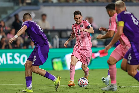 Inter Miami forward Lionel Messi (10) controls the ball in the second half during an MLS soccer match against the Orlando City, in Miami.