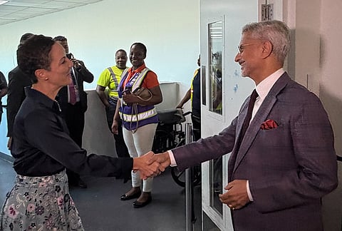 Union External Affairs Minister S Jaishankar being received by his Jamaican counterpart Kamina J Smith upon his arrival in Kingston. 