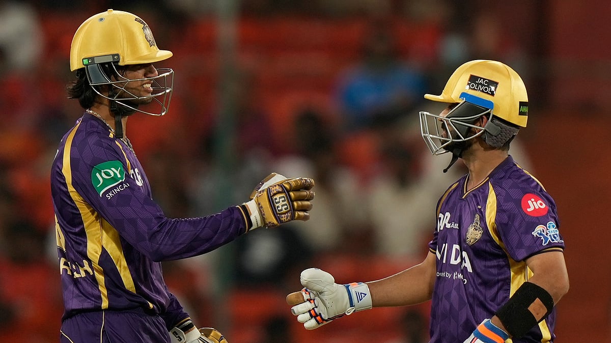 Kolkata Knight Riders'captain Ajinkya Rahane, right, and Angkrish Raghuvanshi, encourage each other as they bat during the Indian Premier League cricket match between Sunrisers Hyderabad and Kolkata Knight Riders in Hyderabad, India, Sunday, May 3, 2026 - (AP Photo/Mahesh Kumar A.)