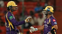 SRH Vs KKR Highlights, IPL 2026: Raghuvanshi Fifty, Varun-Narine Spin Magic Seal 7-Wicket Win For Kolkata (AP Photo/Mahesh Kumar A.) : Kolkata Knight Riders'captain Ajinkya Rahane, right, and Angkrish Raghuvanshi, encourage each other as they bat during the Indian Premier League cricket match between Sunrisers Hyderabad and Kolkata Knight Riders in Hyderabad, India, Sunday, May 3, 2026