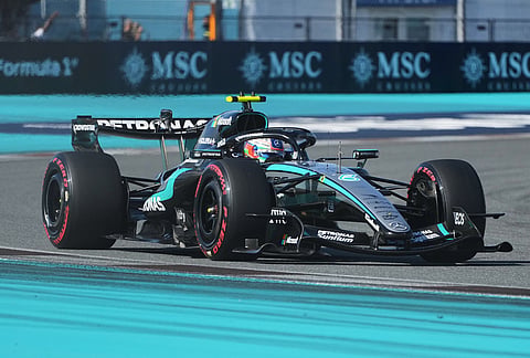 Mercedes driver Kimi Antonelli of Italy steers his car during a qualifying session for the Miami Formula One Grand Prix auto race 
in Miami Gardens, Florida.