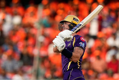 Kolkata Knight Riders' Finn Allen plays a shot during the Indian Premier League cricket match between Sunrisers Hyderabad and Kolkata Knight Riders in Hyderabad.