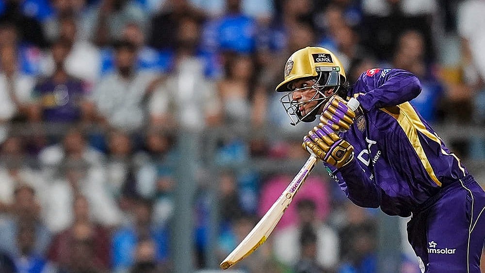 Kolkata Knight Riders' Angkrish Raghuvanshi plays a shot during an Indian Premier League (IPL) 2026 T20 cricket match between Mumbai Indians and Kolkata Knight Riders, at the Wankhede Stadium, in Mumbai. - | Photo: PTI/Kunal Patil