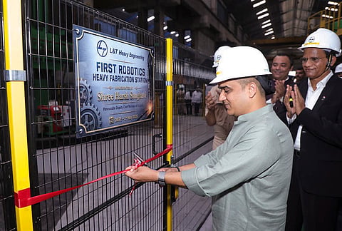 Gujarat Deputy Chief Minister Harsh Sanghavi and others during the inauguration of Kaiga Unit 5 and 6 Nuclear Reactor Enshield at L&T Hazira. 