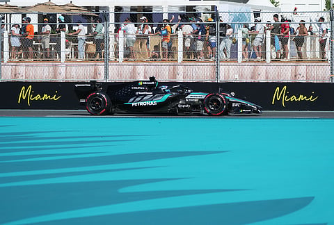 Mercedes driver George Russell of Britain steers his car during a qualifying session for the Miami Formula One Grand Prix auto race in Miami Gardens, Florida.