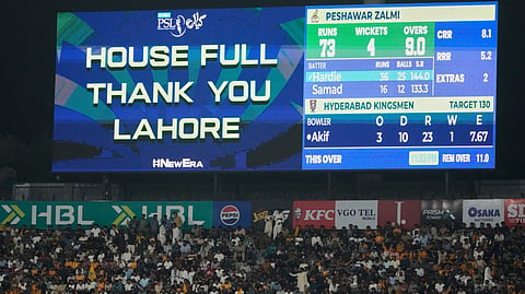 House full massage displays on the big screen during the Pakistan Super League final cricket match between Peshawar Zalmi and Hyderabad Kingsmen, in Lahore, Pakistan, Sunday, May 3, 2026