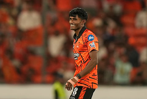 Sunrisers Hyderabad's Sakib Hussain celebrates the wicket of Kolkata Knight Riders' captain Ajinkya Rahane during the Indian Premier League cricket match between Sunrisers Hyderabad and Kolkata Knight Riders in Hyderabad.
