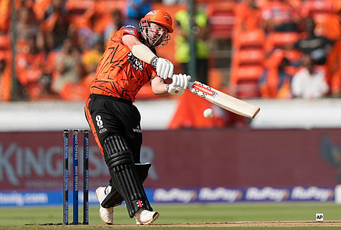 Sunrisers Hyderabad's Travis Head plays a shot during the Indian Premier League cricket match between Sunrisers Hyderabad and Kolkata Knight Riders in Hyderabad.