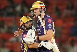 | Photo: AP/Mahesh Kumar A. : Kolkata Knight Riders' Rinku Singh, left and Cameron Green celebrate their win over Sunrisers Hyderabad during the Indian Premier League cricket match in Hyderabad.