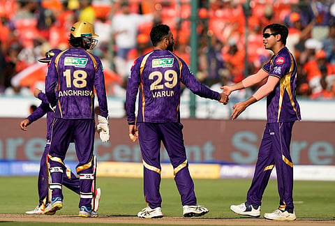 Kolkata Knight Riders' Varun Chakaravarthy, centre, celebrates the wicket of Sunrisers Hyderabad's Aniket Verma during the Indian Premier League cricket match between Sunrisers Hyderabad and Kolkata Knight Riders in Hyderabad.