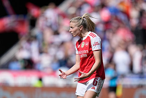 Arsenal's Leah Williamson reacts during the Women's Champions League semifinal, second leg, soccer match between OL Lyonnes and Arsenal, in Decines, outside Lyon, France.