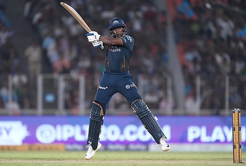 Gujarat Titans' Sai Sudharsan plays a shot during the Indian Premier League cricket match between Gujarat Titans and Punjab Kings in Ahmedabad.