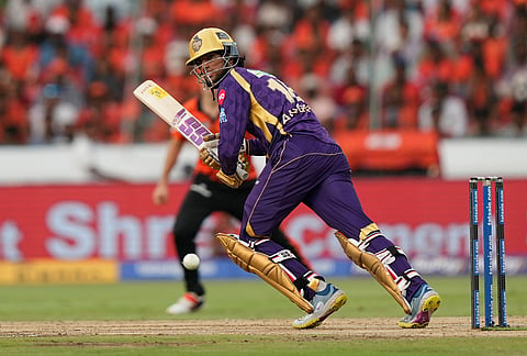 Kolkata Knight Riders' Angkrish Raghuvanshi plays a shot during the Indian Premier League cricket match between Sunrisers Hyderabad and Kolkata Knight Riders in Hyderabad.