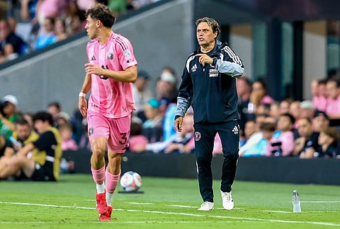 Inter Miami manager Guillermo Hoyos reacts from the sideline in the second half during an MLS soccer match against the Orlando City, in Miami. 