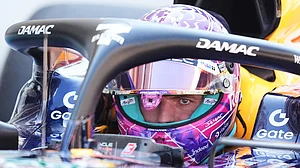 (AP Photo/Rebecca Blackwell, Pool) : Red Bull driver Max Verstappen of the Netherlands leaves pit row during the qualifying session of the of the Miami Formula One Grand Prix auto race, Saturday, May 2, 2026, in Miami Gardens, Fla.