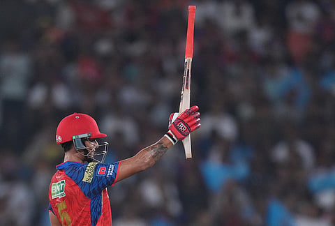 Punjab Kings' Suryansh Shedge celebrates his fifty runs during the Indian Premier League cricket match between Gujarat Titans and Punjab Kings in Ahmedabad.
