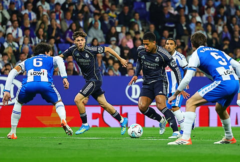 Real Madrid's Jude Bellingham in action during the La Liga soccer match between Espanyol and Real Madrid in Barcelona Spain.
