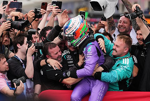 Mercedes driver Kimi Antonelli of Italy celebrates after winning the Miami Formula One Grand Prix auto race, Sunday, May 3, 2026, in Miami Gardens, Florida. 