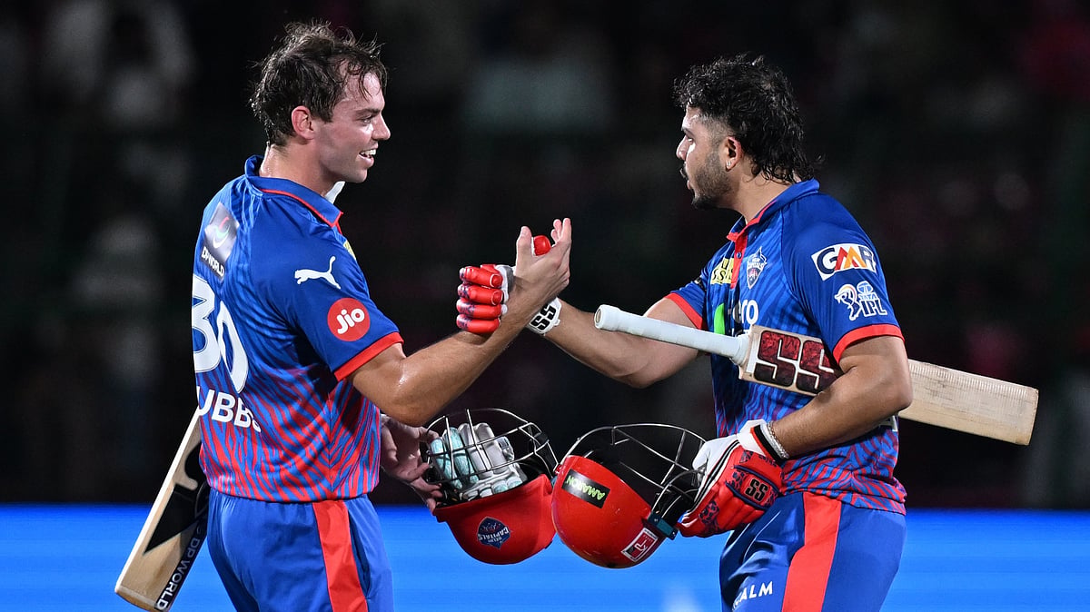 Delhi Capitals' Tristan Stubbs with batting partner Ashutosh Sharm celebrate after wining against Rajasthan Royals during the Indian Premier League cricket match in Jaipur. - Ap Photo
