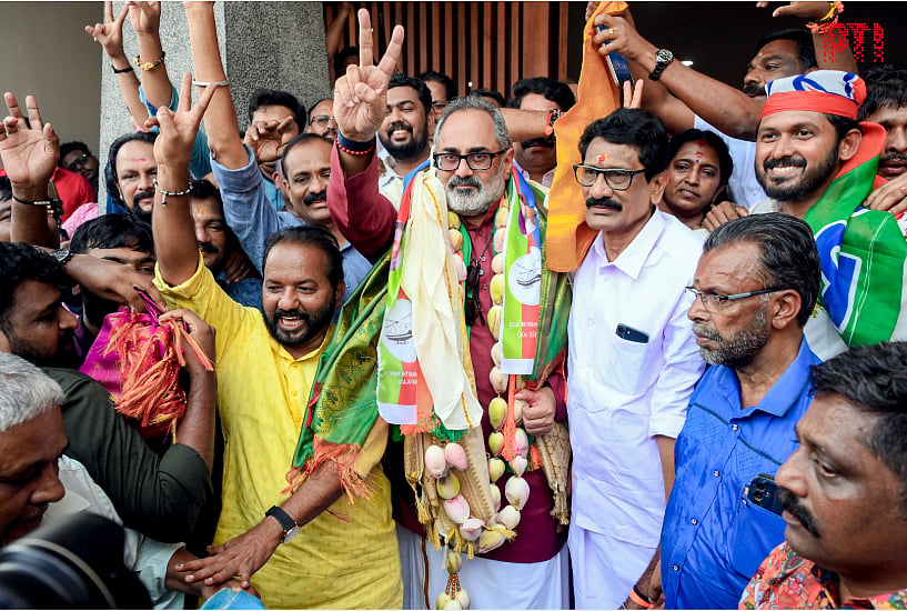 Thiruvananthapuram: BJP Kerala President and candidate from Nemom Assembly constituency, Rajeev Chandrasekhar, celebrates during vote tabulation on the day of state Assembly election results, in Thiruvananthapuram, Monday, May 4, 2026 - PTI