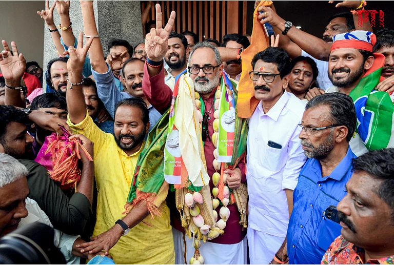 Thiruvananthapuram: BJP Kerala President and candidate from Nemom Assembly constituency, Rajeev Chandrasekhar, celebrates during vote tabulation on the day of state Assembly election results, in Thiruvananthapuram, Monday, May 4, 2026 - PTI