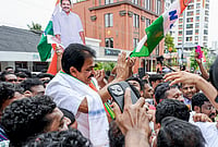 | Photo: PTI : Congress MP KC Venugopal celebrates with party workers as the party takes lead during the Kerala Assembly elections result day outside KPCC office, in Thiruvananthapuram.