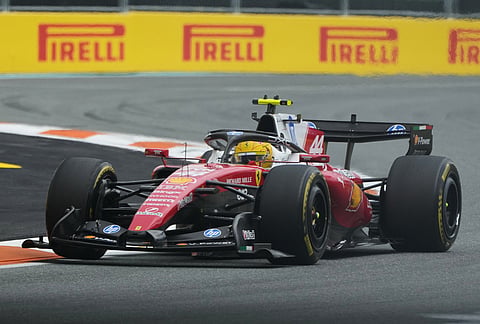 Ferrari driver Lewis Hamilton of Britain steers his car during the Miami Formula One Grand Prix auto race, Sunday, May 3, 2026, in Miami Gardens, Florida.
