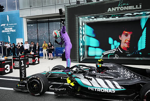 Mercedes driver Kimi Antonelli of Italy celebrates after winning the Miami Formula One Grand Prix auto race, in Miami Gardens, Florida. 