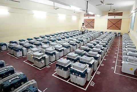 Electronic voting machines (EVMs) in a strong room ahead of counting of votes for the Assembly elections, in Chennai.