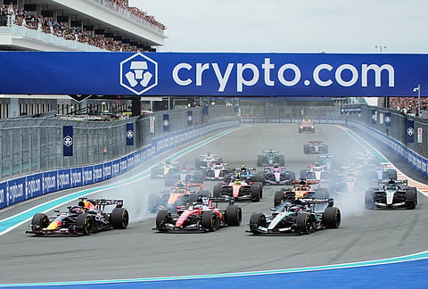 Drivers steer their cars during the Miami Formula One Grand Prix auto race, Sunday, May 3, 2026, in Miami Gardens, Florida.